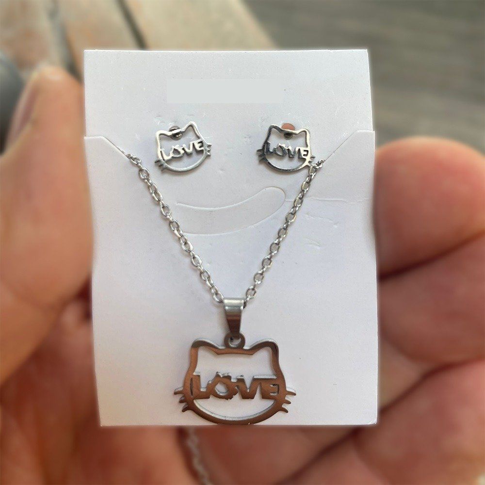 Silver Hello Kitty Face Love Kolye Ve Küpe Seti