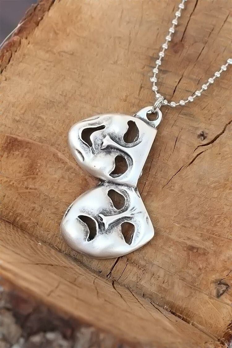 Tiyatro Simgesi Erkek Kadın Antik Gümüş Kolye 60cm Düz Zincir Kolye