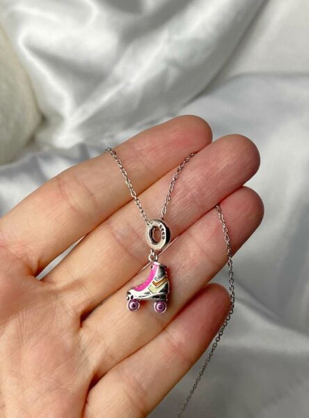 Pembe Gümüş Renkli Paten Charm Kolye Paslanmaz Çelik