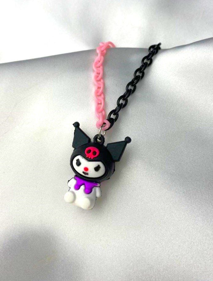 Kuromi Renkli Çocuk Kolyesi - Plastik Pembe Siyah Zincir