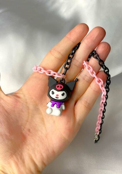 Kuromi Renkli Çocuk Kolyesi - Plastik Pembe Siyah Zincir