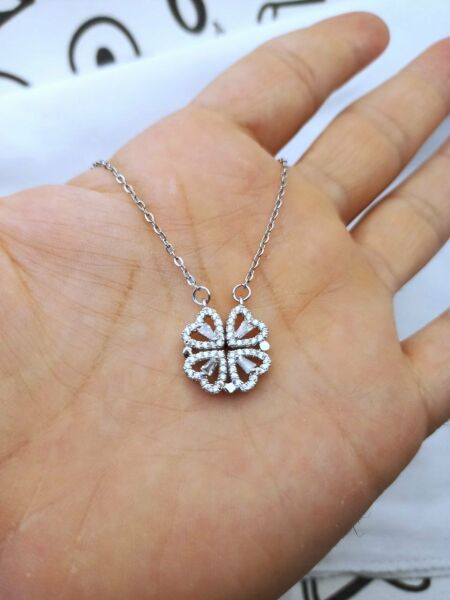 Mıknatıslı Açılır Kapanır Yonca Kalpli Zirkon Taşlı Gümüş Kolye