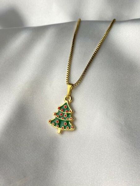 Süslenmiş Yılbaşı Ağacı Mineli Gold Kaplama Kolye