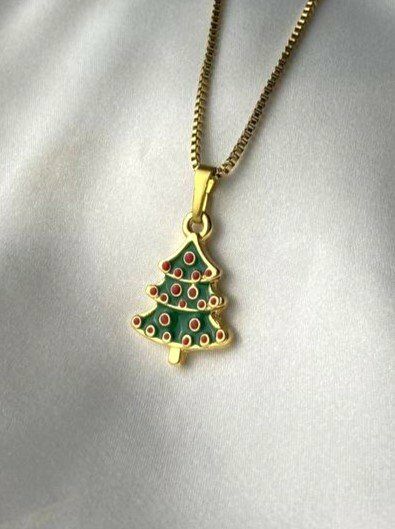 Süslenmiş Yılbaşı Ağacı Mineli Gold Kaplama Kolye