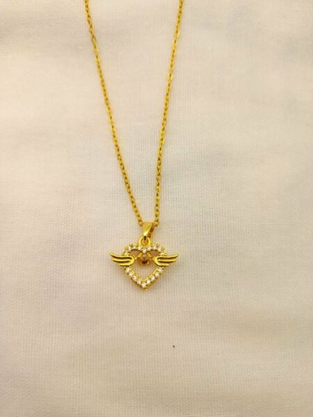 Zirkon Taşlı Kanatlı Kalp Kadın Kolye Gümüş Kaplama Gold