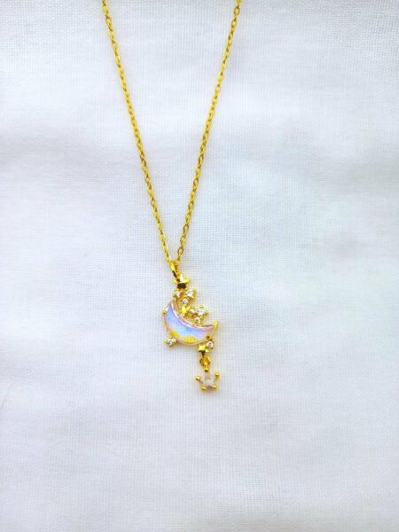Zirkon Taşlı Hilal Yıldız Sarkıtlı Gold Kadın Paslanmaz Çelik Kolye