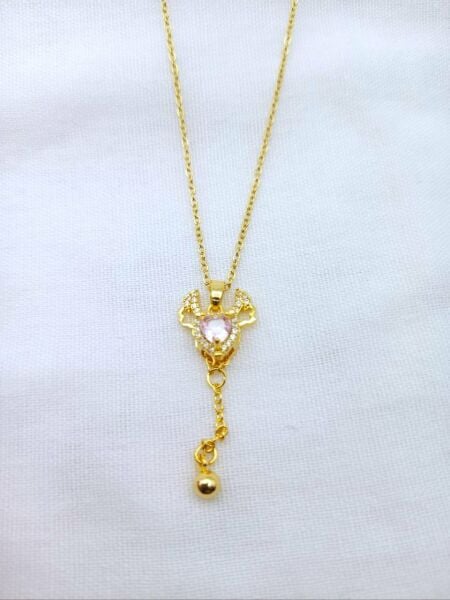Çelik Zirkon Taşlı Kanatları Hareket Edebilen Sevgi Meleği Gold Kolye - Kalpli