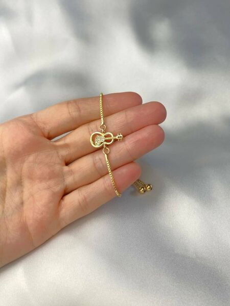 Gold Gitar Kalp Detaylı Zirkon Taşlı Bileklik Ayarlanabilir Şık Zincir