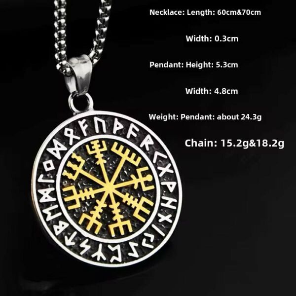 Viking Nordik Vegvisir İşlemeli Runik Sembollü 316L Paslanmaz Çelik Kolye Gümüş Gold
