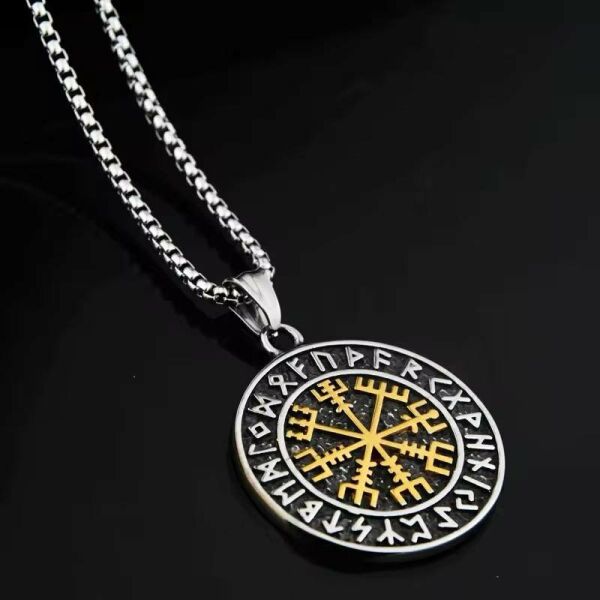 Viking Nordik Vegvisir İşlemeli Runik Sembollü 316L Paslanmaz Çelik Kolye Gümüş Gold