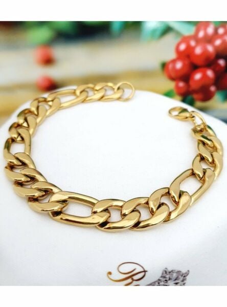 316L Paslanmaz Çelik Kararmaz Kalın Ezme Düz Zincir Gold Bileklik Unisex