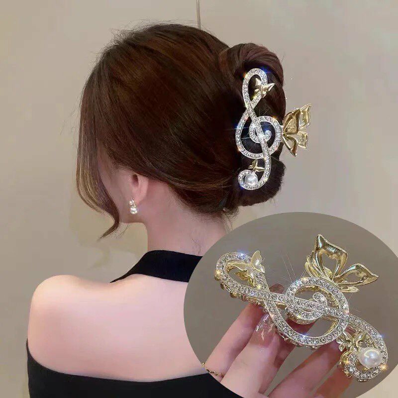 Sol Anahtar Kelebek Notalı Taşlı Model Gold Metal Mandal Toka Gold Mandal Saç Tokası