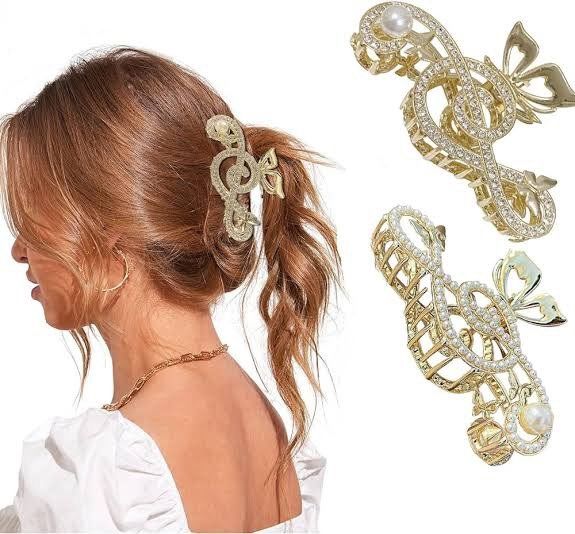 Sol Anahtar Kelebek Notalı Taşlı Model Gold Metal Mandal Toka Gold Mandal Saç Tokası