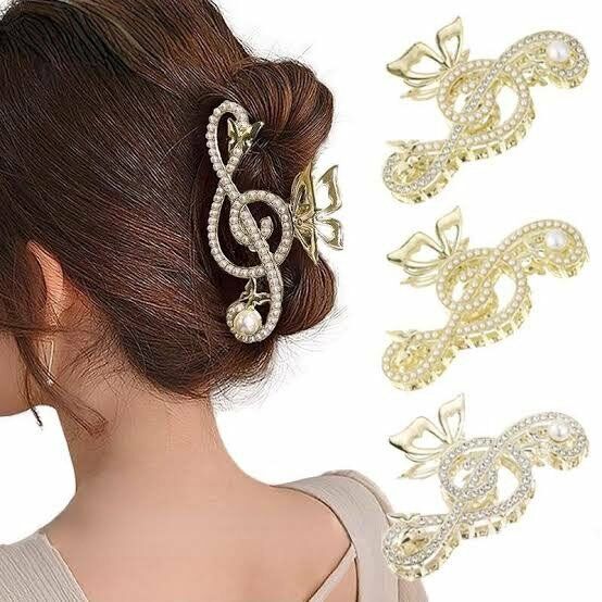 Sol Anahtar Kelebek Notalı Taşlı Model Gold Metal Mandal Toka Gold Mandal Saç Tokası