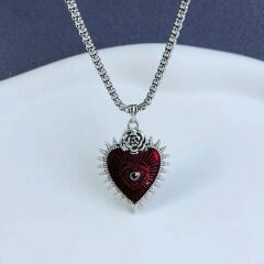 Rose Eye Of Heart Gotik Kalp Paslanmaz Çelik Kolye Kırmızı
