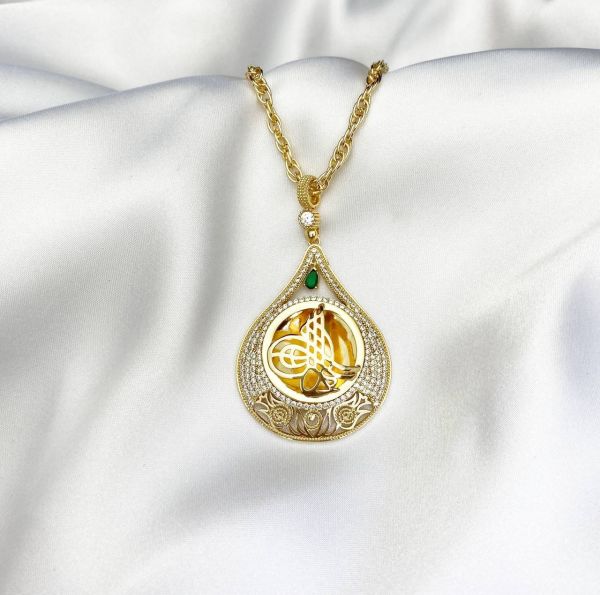 Yeşil Taşlı Gold Damla Tuğra Kolye