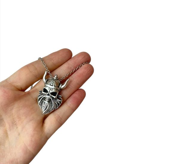 Gümüş Renk Savaşçı Viking Kurukafa Kolye