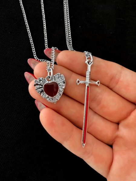 Gothic Gotik Kılıç ve Kalp 2'li Çift Kolyesi Arkadaşlık Çift Kolyesi Sevgili Kolyesi