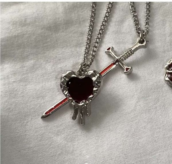 Gothic Gotik Kılıç ve Kalp Damla Detay 2'li Çift Kolyesi Arkadaşlık Çift Kolyesi Sevgili Kolyesi