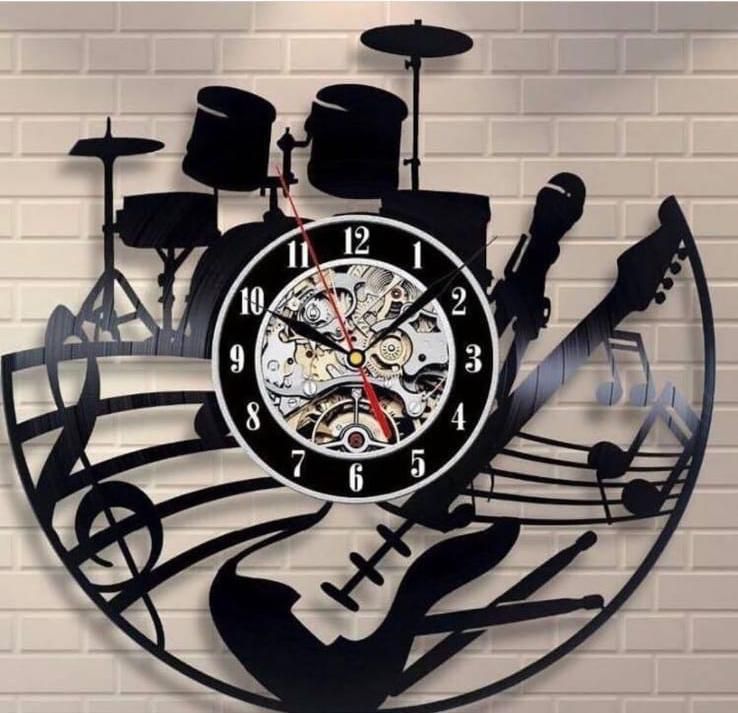 Bateri Gitar Sol Anahtar Ahşap Duvar Saati