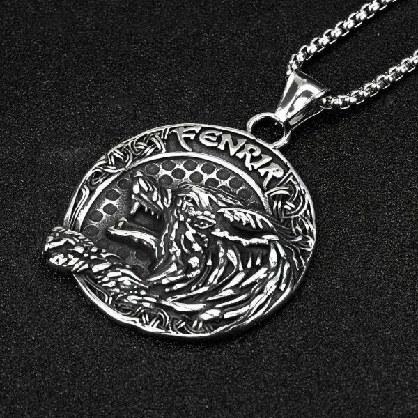 Çift Taraflı Kullanım Iskandinav Mitolojik Fenrir Kurt Kolye / Viking Pusula Gümüş Kolye
