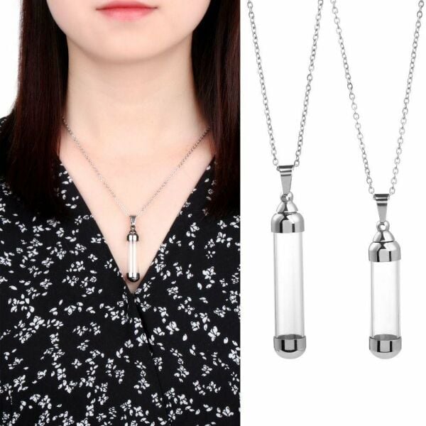 Kapağı Açılabilen Cam Şişe Çelik Tüp Kolye Kadın & Erkek