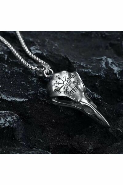 Odin Raven Vegvisir Viking İşlemeli Kuzgun Kafatası Gotik Paslanmaz Kararmaz 316L Çelik Erkek Kolye