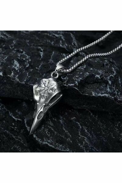 Odin Raven Vegvisir Viking İşlemeli Kuzgun Kafatası Gotik Paslanmaz Kararmaz 316L Çelik Erkek Kolye