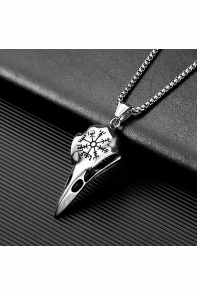 Odin Raven Vegvisir Viking İşlemeli Kuzgun Kafatası Gotik Paslanmaz Kararmaz 316L Çelik Erkek Kolye