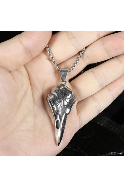 Odin Raven Vegvisir Viking İşlemeli Kuzgun Kafatası Gotik Paslanmaz Kararmaz 316L Çelik Erkek Kolye