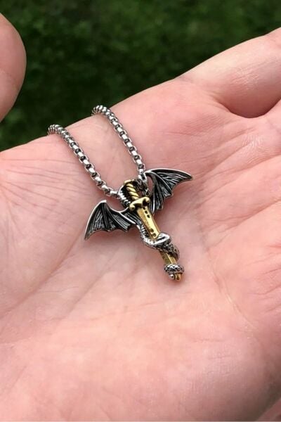Gotik Viking Kurukafa & Ejderha  Pentagram Kararmaz  Paslanmaz Vintage 316L Çelik Kolye