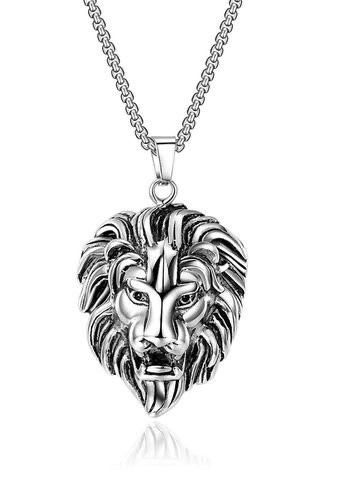 Silver Taçlı Aslan Figür Çelik Kolye