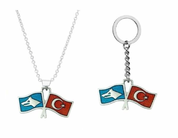 Türk Bozkurt İkili Bayrak Kolye Anahtarlık&Çanta Süsü 2 li Set