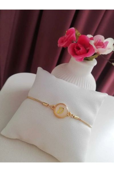 Altın Sedef Ayarlanabilir Kadın Gold Asansörlü D Harf Bileklik