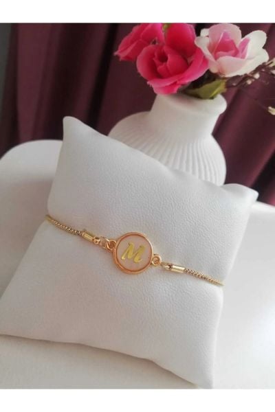 Altın Sedef Ayarlanabilir Kadın Gold Asansörlü M Harf Bileklik