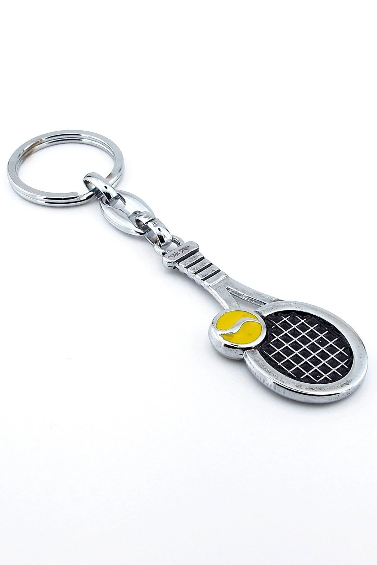 Tenis Raketi Ve Sarı Top Parlak Metal Anahtarlık