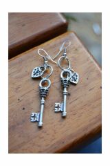 Antik Gümüş Bohem Anahtar Kalp Küpe