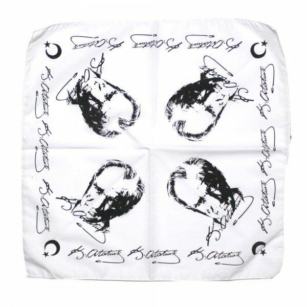 Beyaz Atatürk Silüetli Ve Imzalı Pamuk Kumaş Fular - Bandana - 23 Nisan, 29 Ekim, 19 Mayıs