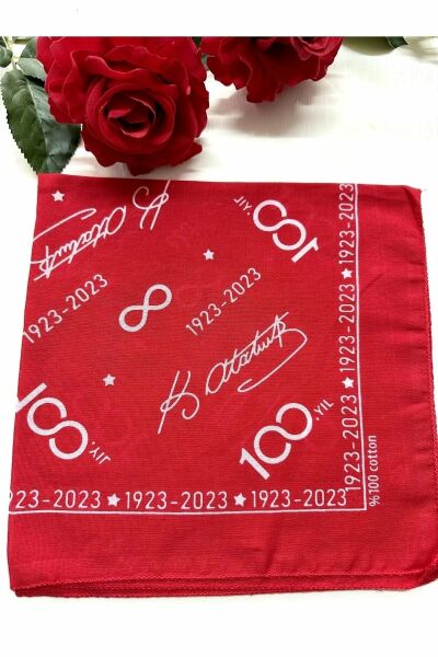 Kırmızı Atatürk Silüetli Ve Imzalı Pamuk Kumaş Fular 2 adet - Bandana - 23 Nisan, 29 Ekim, 19 Mayıs