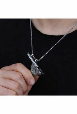 Üçgen Zincirli Metal Kadın Erkek Cevşen Muska Gümüş Kaplama 60 cm