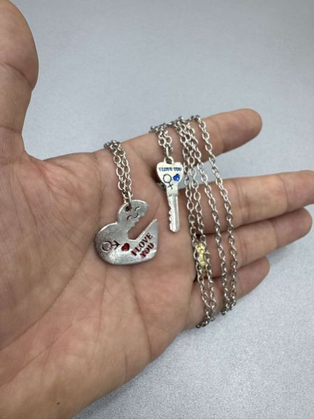 Kalp Kilit İkili Kolye Çift 60cm Gümüş Kaplama