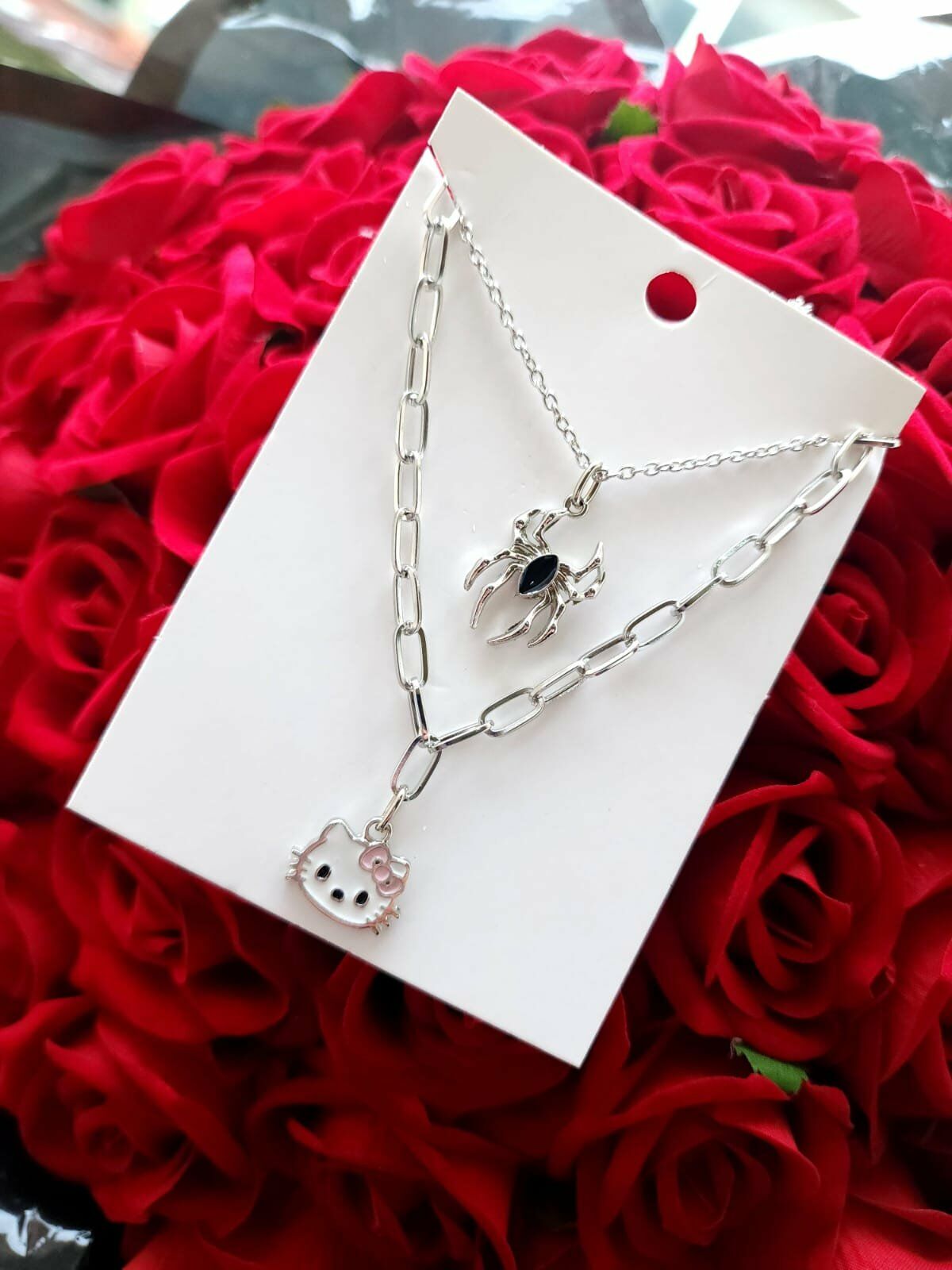Hello Kitty Spiderman Çift İkili Sevgili Kolyesi 60 cm Gümüş Kaplama