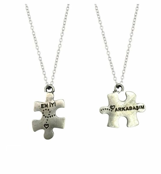 En İyi Arkadaşım Yazılı Puzzle Metal 925 Ayar Gümüş Kaplama Çift İkili Kolye