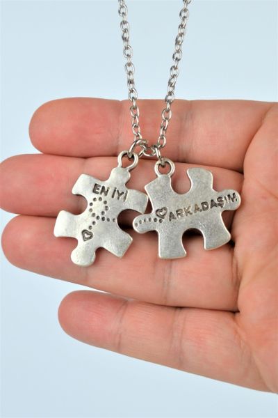 En İyi Arkadaşım Yazılı Puzzle Metal 925 Ayar Gümüş Kaplama Çift İkili Kolye