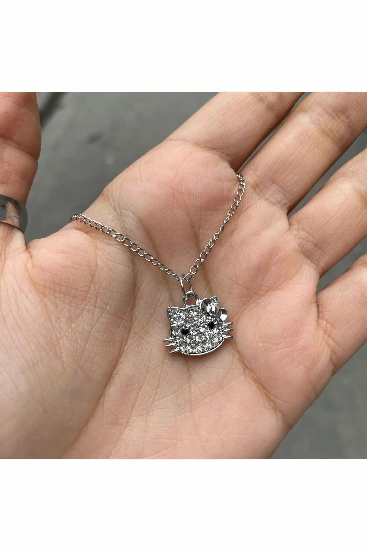 Hello Kitty Kedi Zirkon Taşlı Parlak Kolye ÇELİK KOLYE