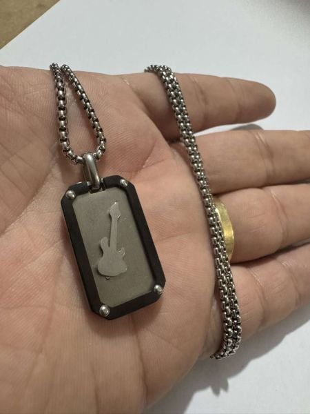 Gitar Paslanmaz Çelik Künye Tarz Kolye Gümüş Siyah Garantili A Plus Kalite 60cm