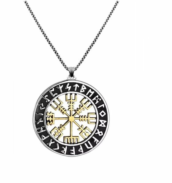 Viking Nordik Vegvisir İşlemeli Runik Sembollü 316L Paslanmaz Çelik Kolye Gold