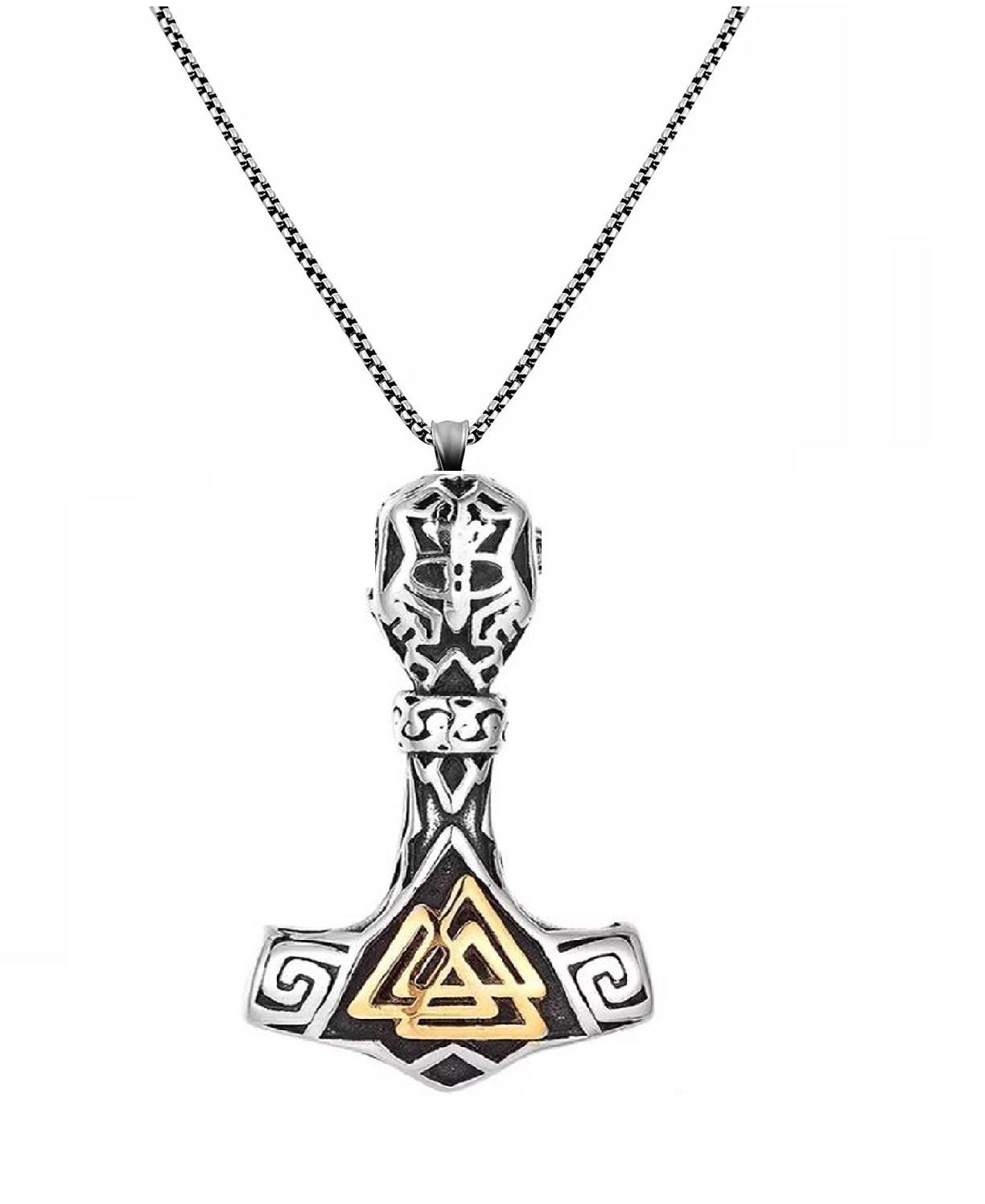Paslanmaz Çelik Altın Renk Detaylı Viking Güç Sembol Valknut Viking Kolye 70 cm Zincirli