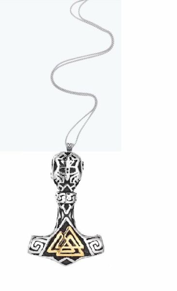 Paslanmaz Çelik Altın Renk Detaylı Viking Güç Sembol Valknut Viking Kolye 70 cm Zincirli