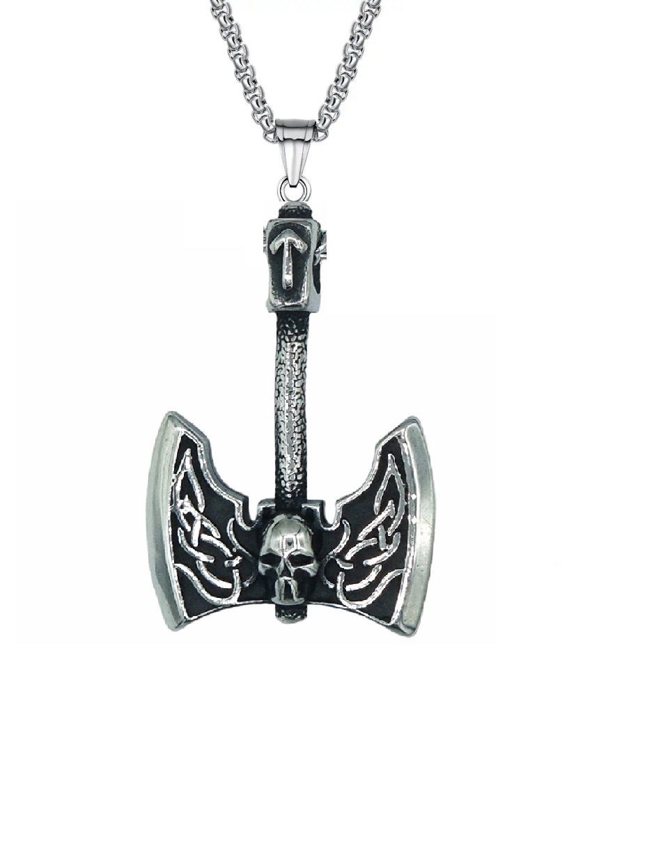 Viking Kolye  Kafatalı Balta  Paslanmaz Çelik 4 mm 60cm Kolye 3,3 x 2,5 cm